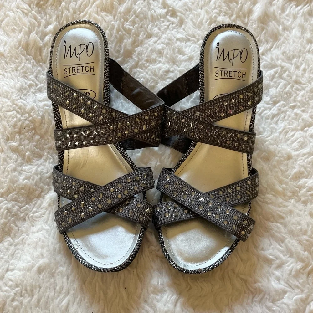 Impo Silver Beaded Wedge Sandals 7